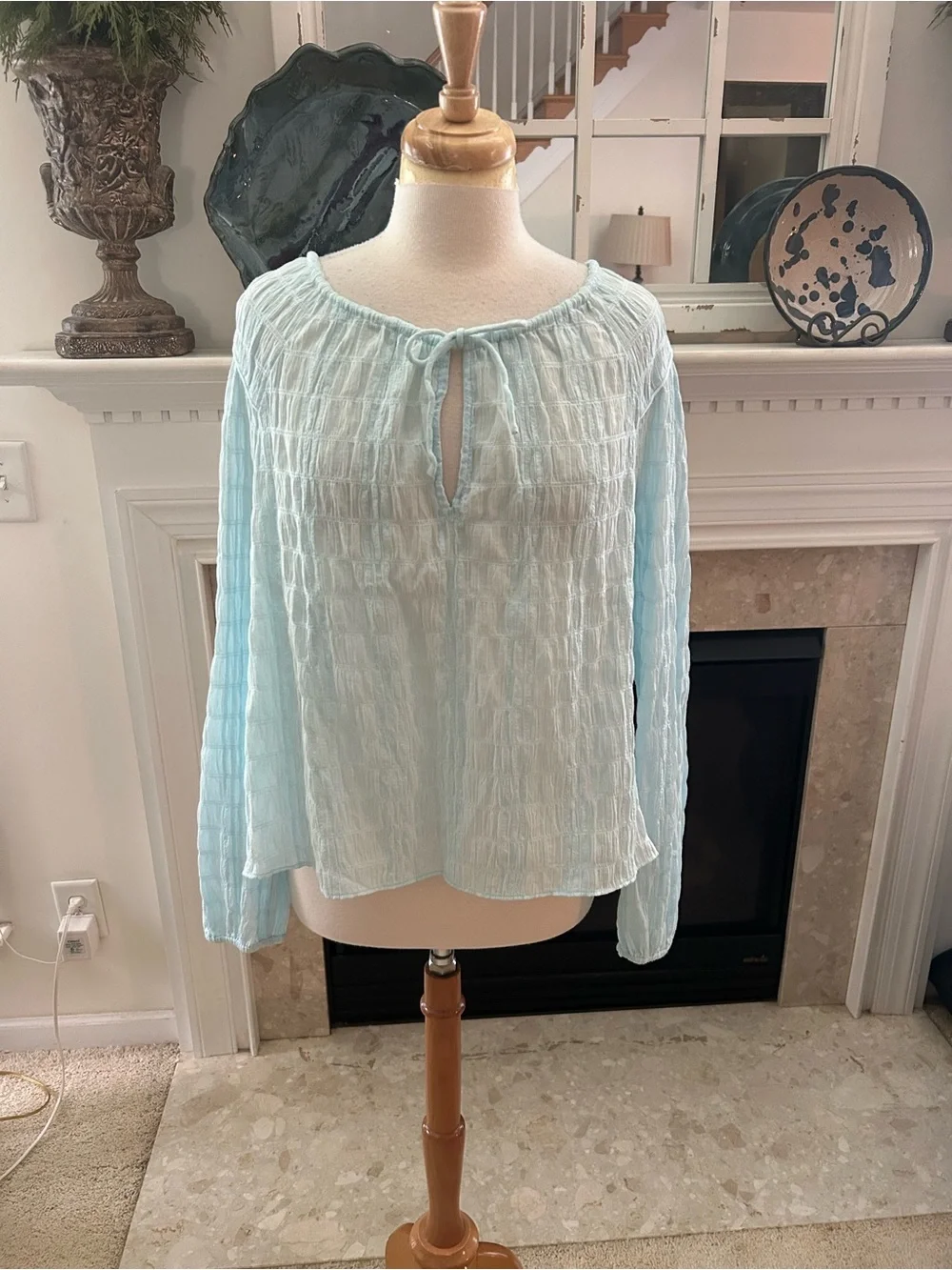 NWT J. Crew Light Aqua Tie-Front Seersucker Popover